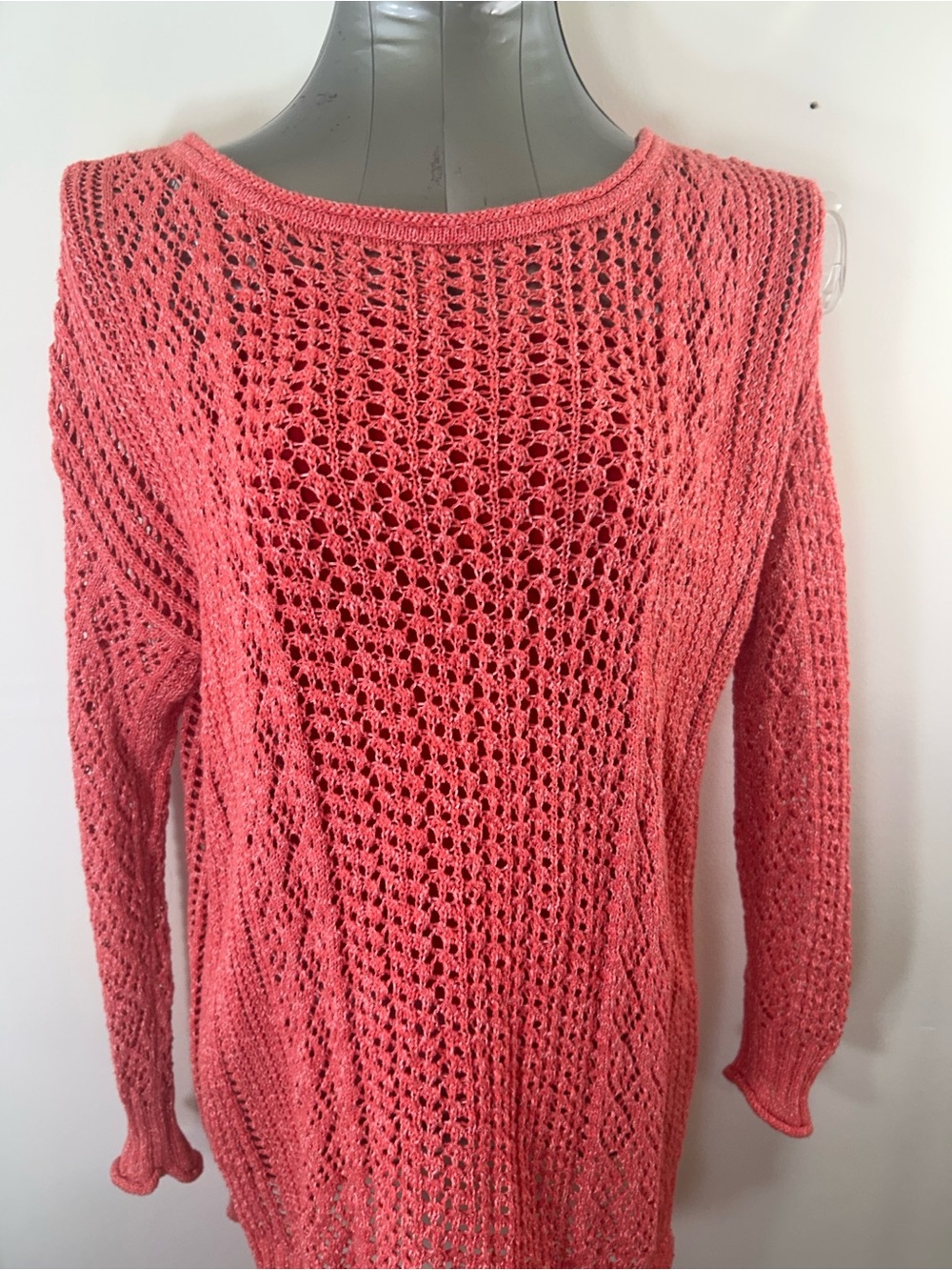 Open-Knit Coral Scoop Neck Sweater